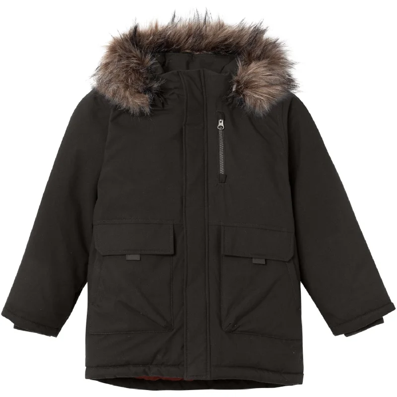 camping gear with compact design -Name It Black Master Parka Jacket