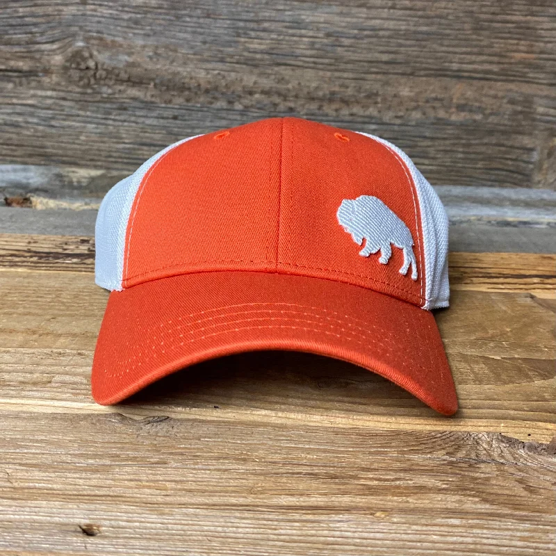 outdoor adventure hat -Surf Wyoming® First Park Bison Trucker - Vintage Orange/White