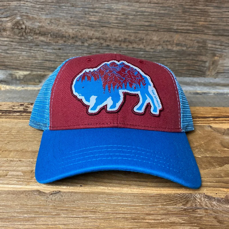 outdoor adventure bucket hat -Surf Wyoming® Bison Peak Trucker Hat - Crimson/Electric Blue