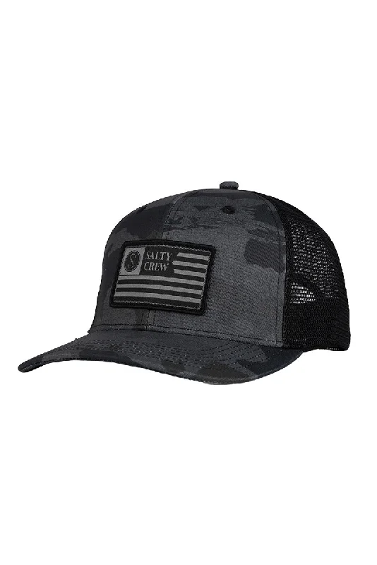 outdoor adventure hat -Salty Crew Patriot Retro Trucker Hat - Black / Camo