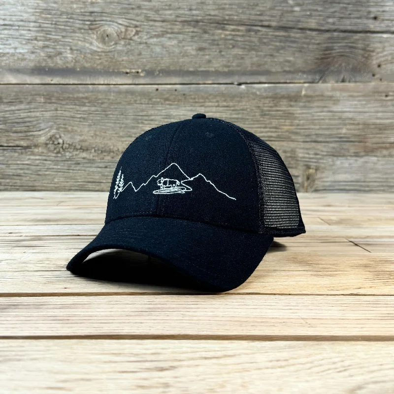 summer travel bucket hat -Surf Wyoming® AKAH! One Line Trucker - Black/Black