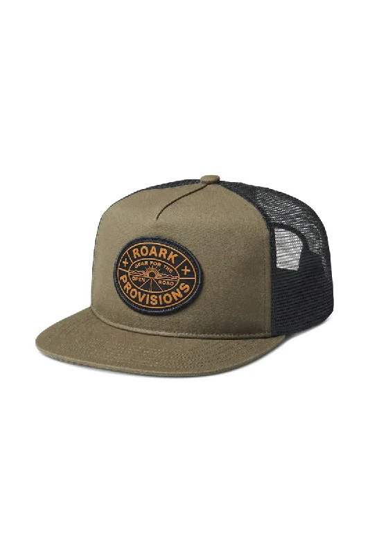 summer travel bucket hat -Roark Station Trucker Hat - Military / Pignoli