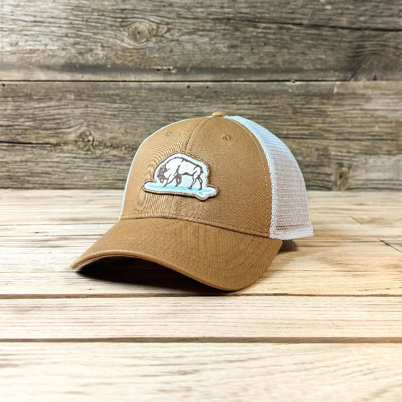 men’s stylish sun hat for beach -Surf Wyoming® Glassy Bison Trucker - Latte/Stone