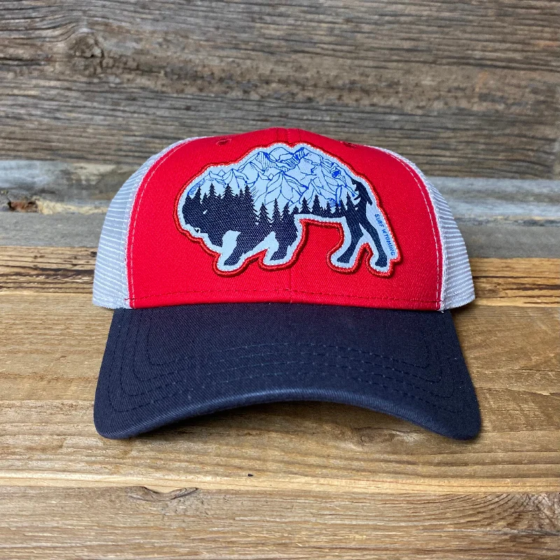 warm knit hat for winter -Surf Wyoming® Bison Peak Trucker Hat - Red/White/Blue