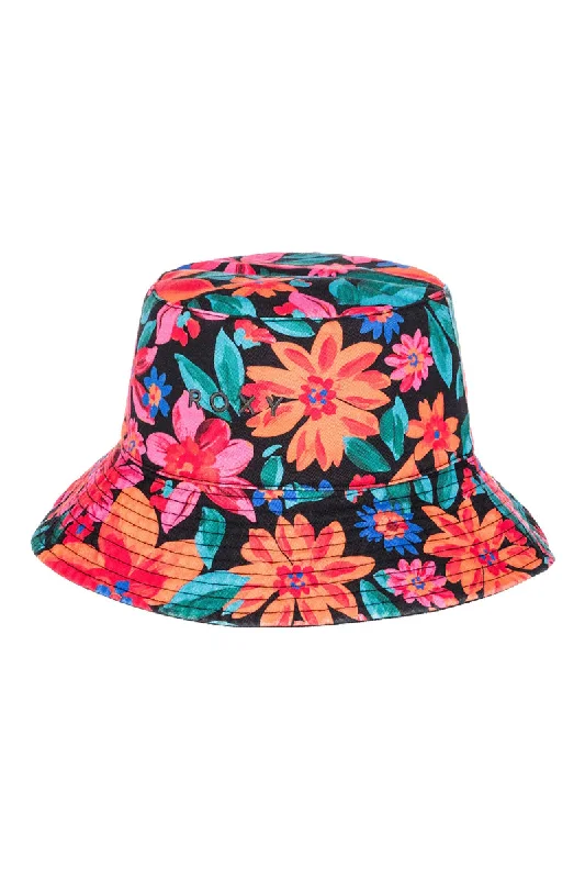 adjustable cotton cap for men -Roxy Jasmine Paradise Reversible Bucket Hat - Anthracite Floral Fiesta Big