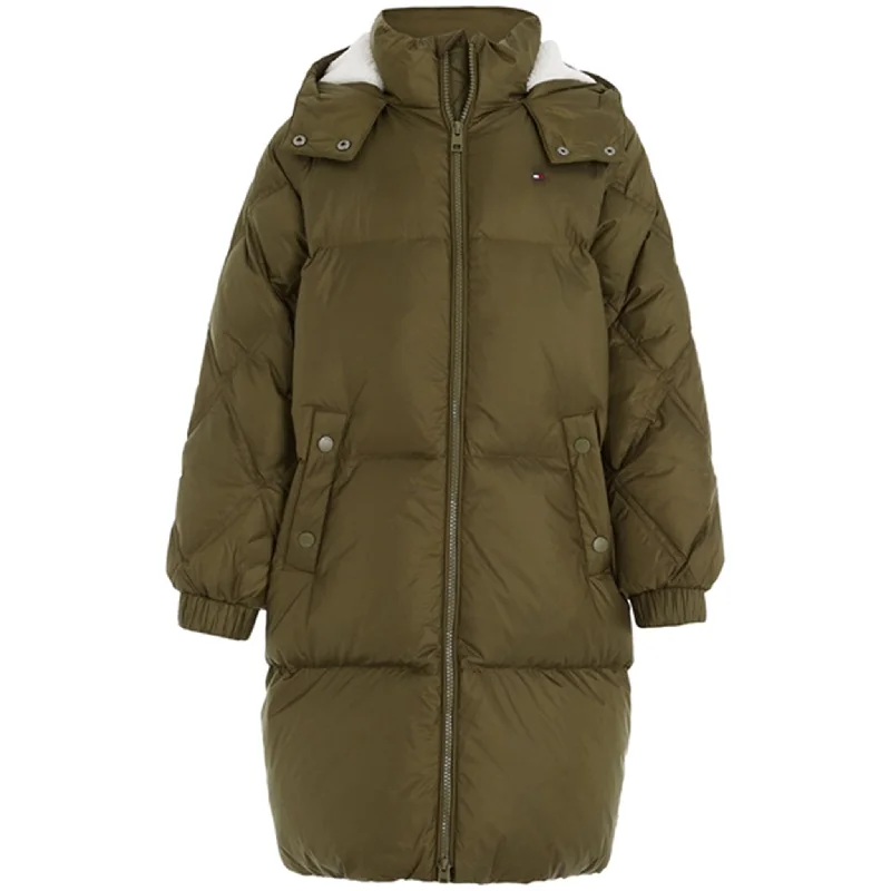 trekking pole for mountain hikes -Tommy Hilfiger Mixed Quilted Long Down Jacket Olive Green