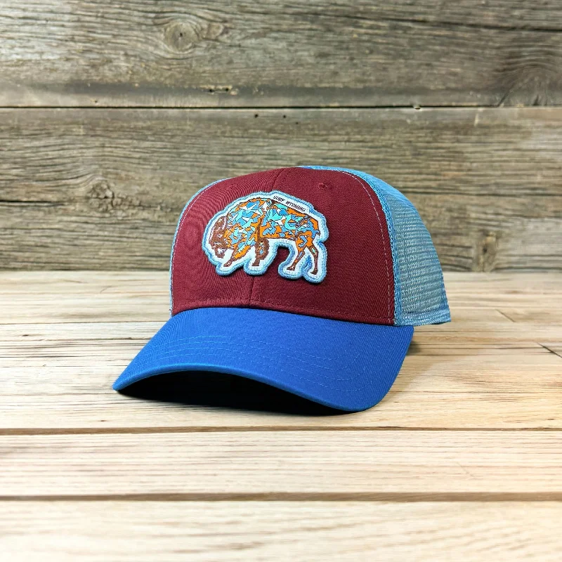 men’s adjustable baseball cap -Surf Wyoming® GEEODE Bison Trucker - Maroon/Electric Blue/Carolina