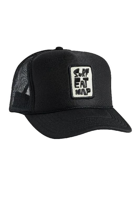 versatile sun hat for women -Black Embroidered Surf Eat Nap Snapback Trucker Hat