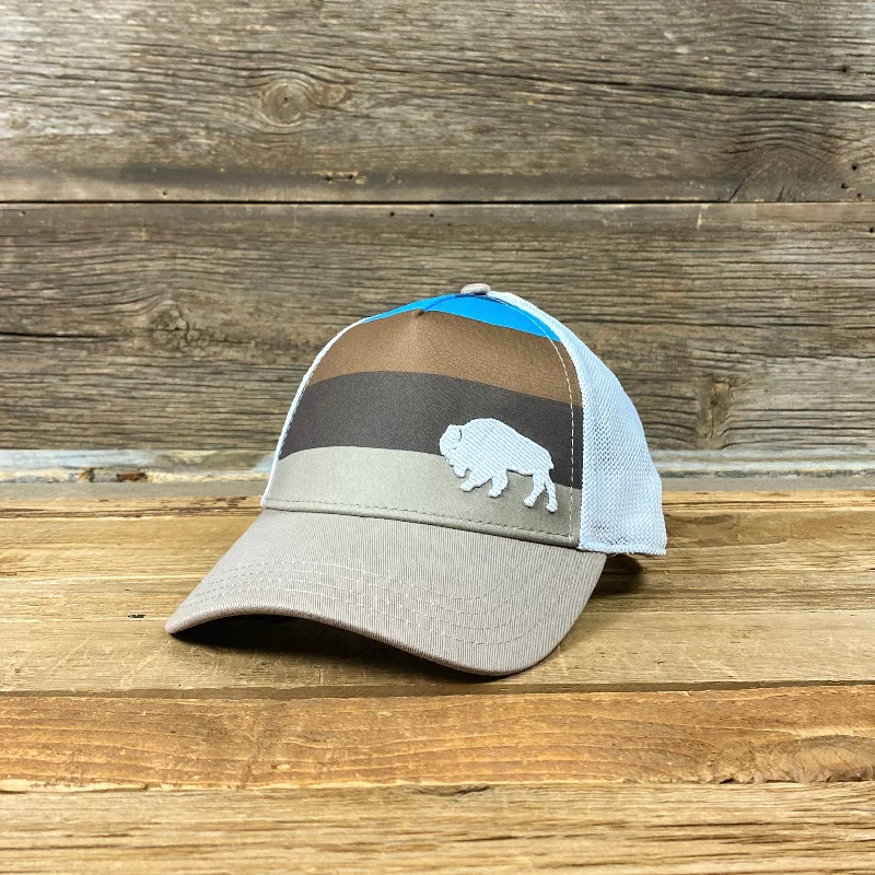 women’s wide-brim sun hat -Surf Wyoming®First Park Bison Trucker - Earthy Stripes/White