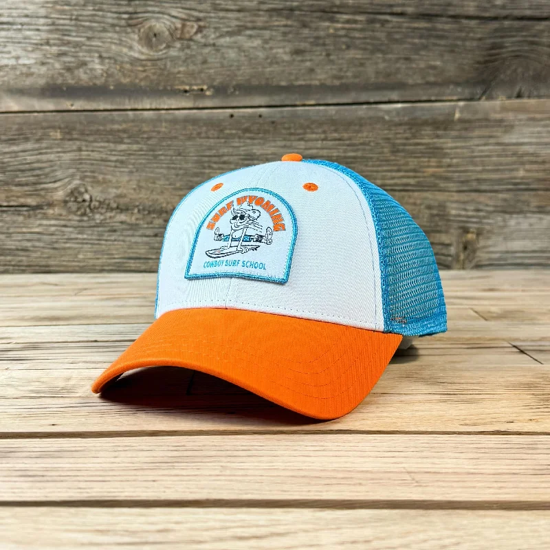 cool flat cap for men -Surf Wyoming® Cowboy Surf School Trucker - White/Orange/Aqua