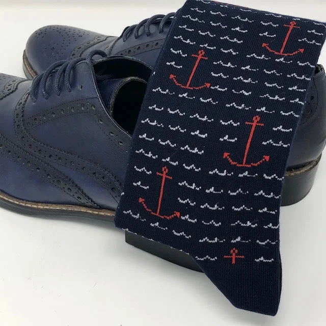 colorful patterned socks for kids -DMITRY Navy Anchor Patterned Made in Italy Mercerized Cotton Blend Socks