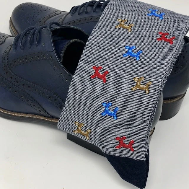 wool blend socks for warmth -DMITRY Navy Patterned Made in Italy Mercerized Cotton Blend Socks