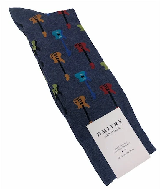 wool socks for snowboarding -DMITRY Blue Guitar Patterned Made in Italy Mercerized Cotton Socks