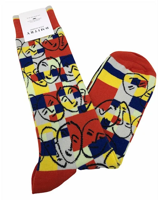 performance socks for marathon runners -DMITRY "Faces" Patterned Made in Italy Mercerized Cotton Socks