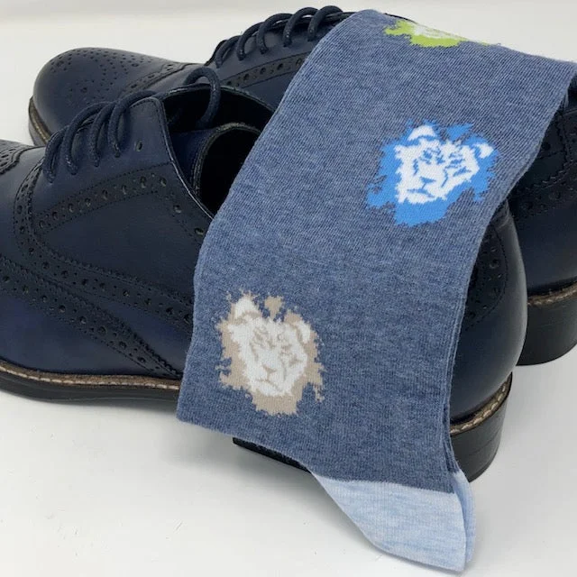 luxury socks for comfort -DMITRY Blue Lion Patterned Made in Italy Mercerized Cotton Blend Socks