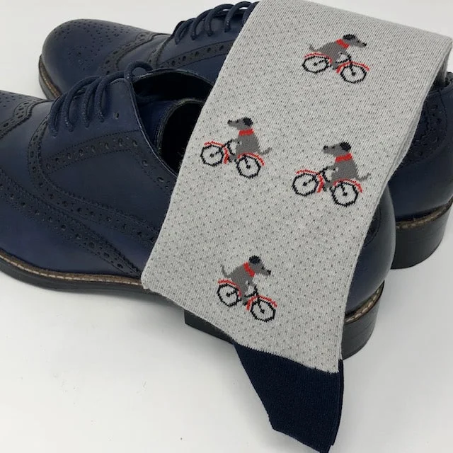 athletic compression socks for running -DMITRY Light Grey Dog On Bike Patterned Made in Italy Mercerized Cotton Blend Socks