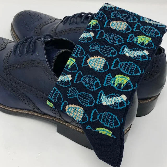 insulated socks for cold weather -DMITRY Navy Fish Patterned Made in Italy Mercerized Cotton Blend Socks