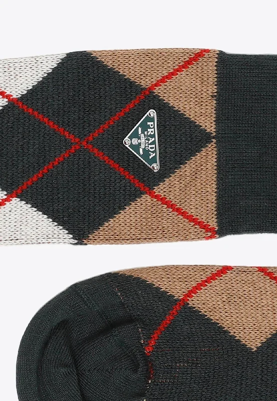 thick cotton socks for cold weather -Argyle Check Ribbed Socks